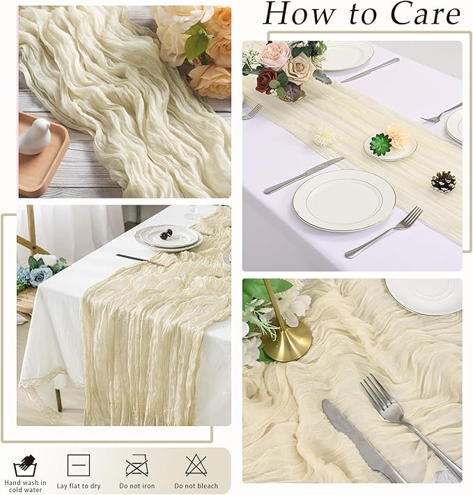 10 Pack Ivory Cheesecloth Table Runner 17x108 Inch Semi Sheer Boho Rustic Gauze Cheese Cloth Table Runners for Wedding Party Birthday Baby Shower Home Décor