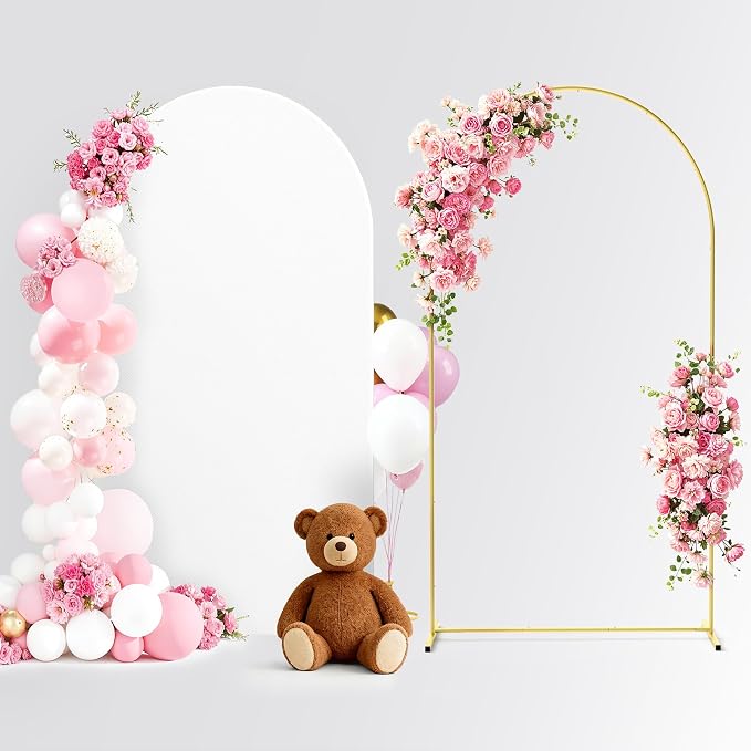 Pureegg Arch Backdrop Stand and Cover Set - 7.3FT Gold Metal Frame with White Fabric Cover, Easy-to-Assemble Wedding Arch Stand for Parties and Celebrations