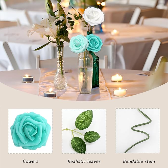 Artificial Flowers Roses Real Looking Foam Fake Roses with Leaves and for DIY Wedding Bouquets Bridal Shower Centerpieces Party Decorations (Green Series, 200)