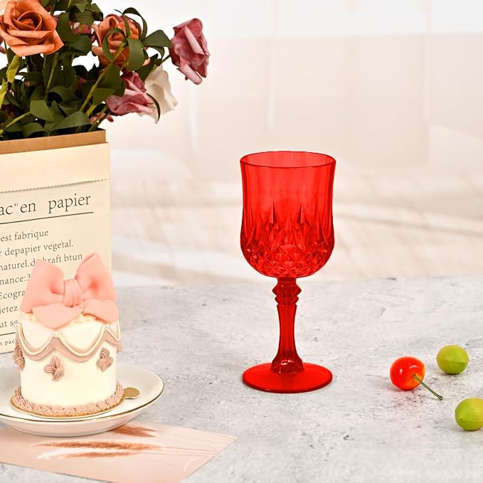 48Pack Red Plastic Wine Glasses,Vintage Plastic Goblets for Parties, Red Drinking Glasses Crystal Water Goblets Reusable for Wedding Reception, Grand Event Party Supplies