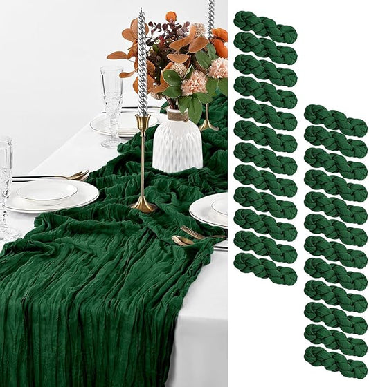24 Pack Dark Green Cheesecloth Table Runner, 10FT Long Romantic Sheer Cheesecloth Rustic Boho Table Runner for Wedding Baby Shower Birthday Bridal Party Decorations(Dark Green)