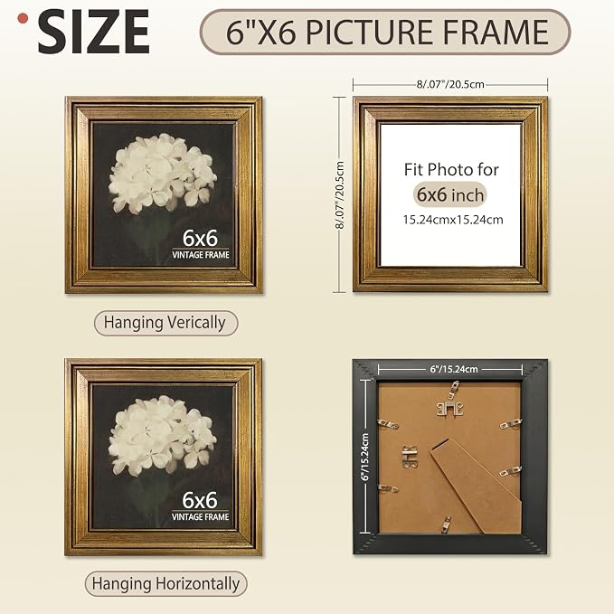 6x6 Picture Frame Vintage Gold for Tabletop & Wall Mount | 6 x 6 Photo Frame for Living Room, Bedroom, Office Décor & Father's Day Graduation Wedding Gift
