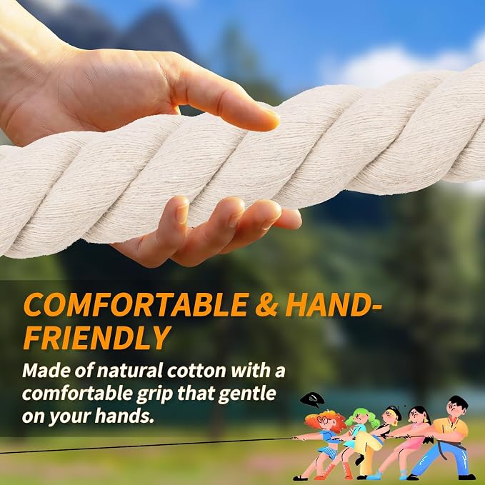 Tug of War Rope for Kids & Adults - 20ft Soft Cotton Outdoor Pulling Rope with Flag for Team Building Activities Field Day Family Reunions Birthday Parties Camping Games- Beige