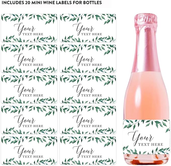 Andaz Press Personalized Wedding Mini Wine Labels for Bottles, Fully, Your Text Here, Greenery Green Leaves 20-Pack Bulk Waterproof Mini Wine Bottle Labels for Champagne Bottle Custom Wedding Favors