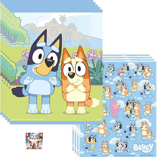 Unique Bluey Birthday Party Supplies Pack, 16 Bluey Sticker Sheets and 16 Bluey Loot Bags, Party Favors Set for Kids Age 3+ Favor Bags for kids to take home