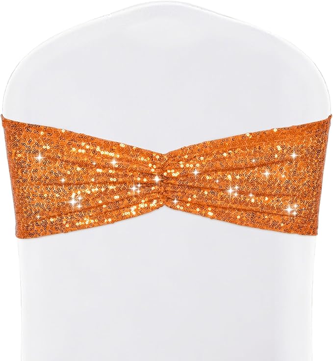 SquarePie 50 Pcs Sequin Chair Sashes Orange Sequin Sashes Bands Decorative Ties for Wedding Party Festive Chair Cover Decor