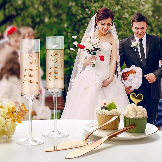ROXBURGH Wedding Cake Knife and Server Set, Bride and Groom Mr and Mrs Champagne Flutes & Forks with Giftable Box, Cake Cutting Set for Wedding Engagement Bridal Shower Gifts