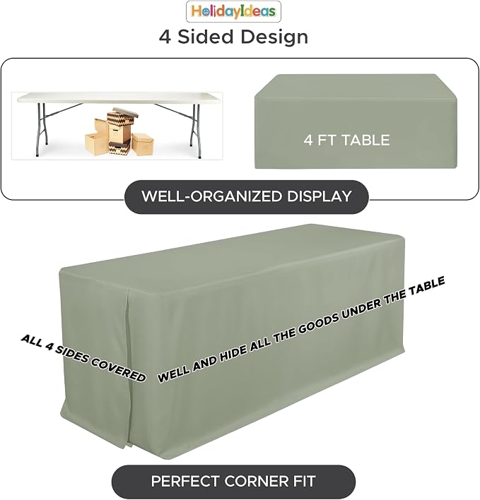 HolidayIdeas 4-Pack 8ft Sage Green Rectangle Craft Shows Fitted Tablecloth | Wrinkle resistant table covers; bulk quantity pack for professional trade exhibition displays or vendor booths
