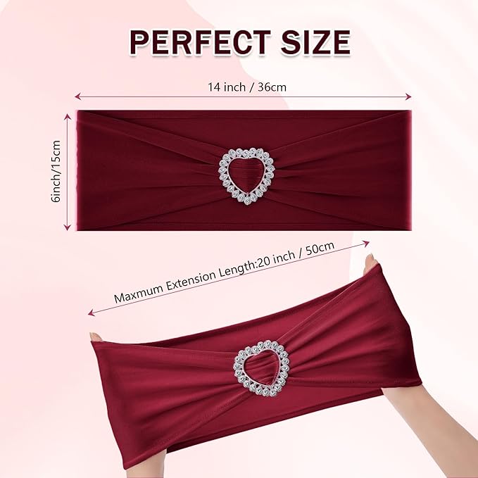 Howhic Pack of 60 Spandex Chair Sashes Bows Stretch Cover Band with Buckle Slider Universal Elastic Chair Ties for Wedding Banquet Party Event Decoration (Burgundy)