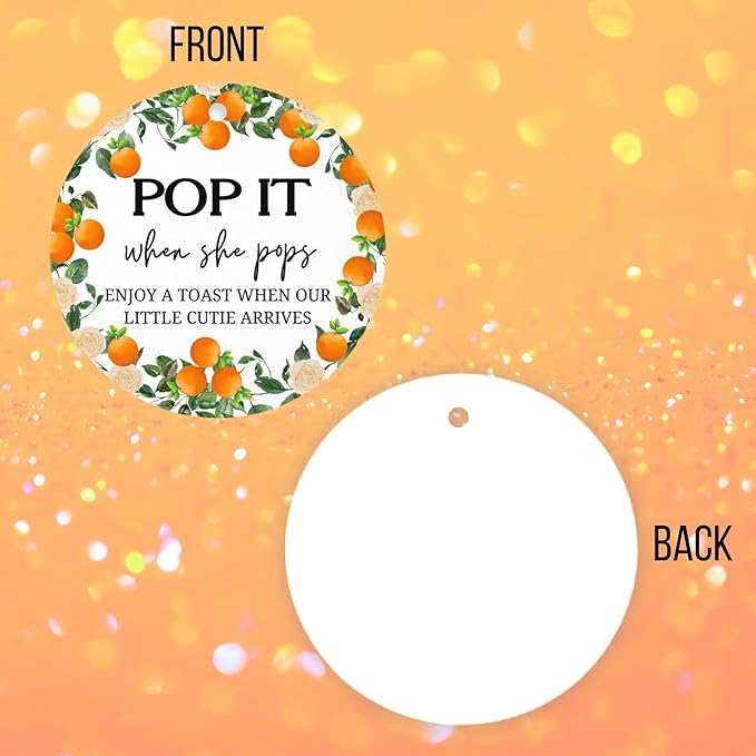 Orange Pop It When She Pops Cutie Mini Champagne Bottle Tags | 30 pk 2.5” Hang Circles with Hole for Gender Reveal Baby Shower Party Favor Sprinkle Labels Stickers
