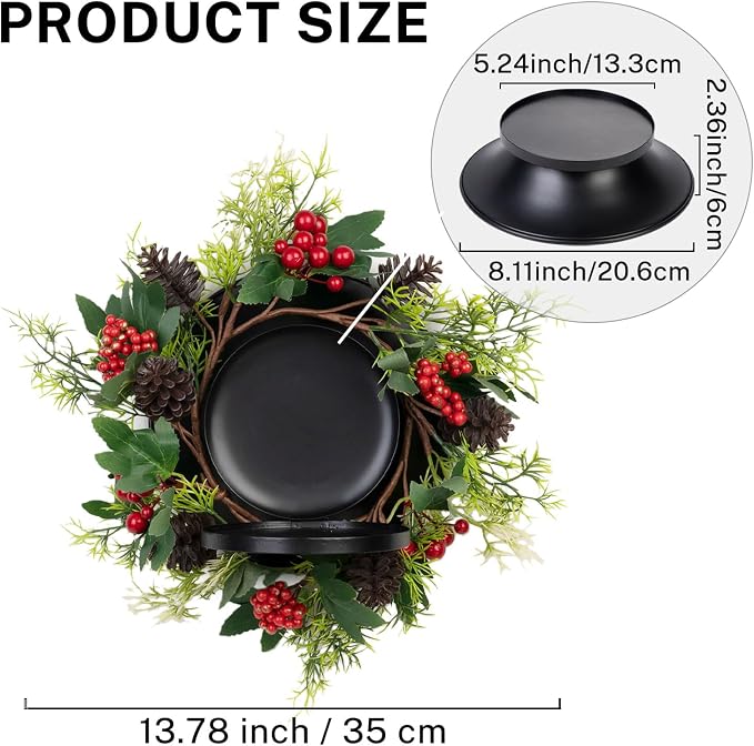 MOYEE Christmas Winter Centerpieces for Tables Candle Ring, Black Metal Candlestick with an Artificial Wreaths 14 in Versatile Dining Table Centerpiece Decor (Pinecone and Green Leaf Wreath)