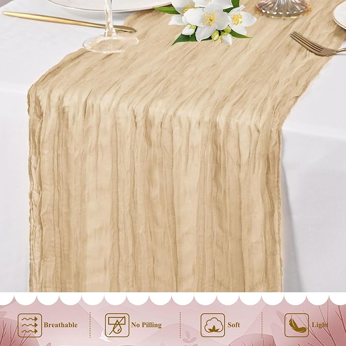 20 Pack Beige Cheesecloth Table Runner 10FT Long Boho Gauze Fabric Table Runner Vintage Rustic Sheer Runners for Wedding Party Bridal Baby Shower Table Decorations