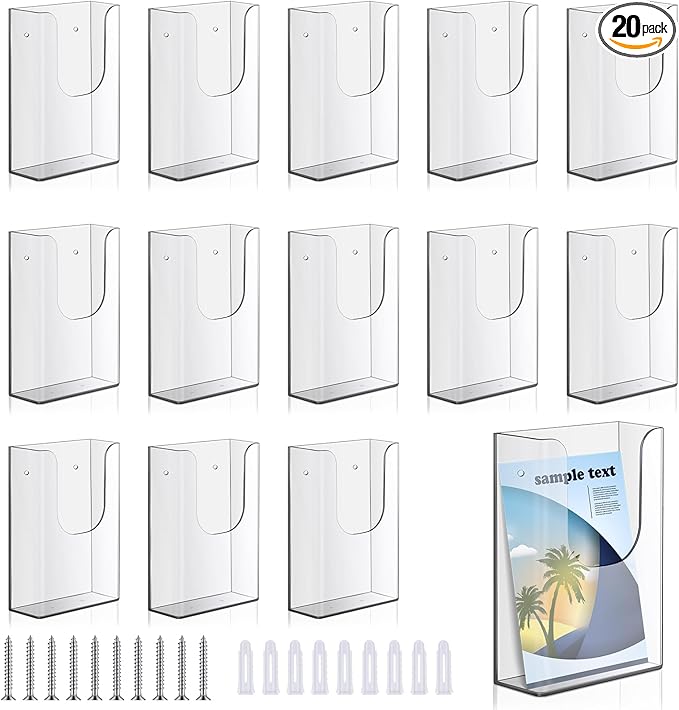 Blulu 20 Pack 4 x 6 Inches Acrylic Brochure Holder Wall Mount, Clear Flyer Holder Rack, Plastic Pamphlet Stand with Nails for Magazine, Booklet, Card, Bookmark Display, Home Office Church Supplies