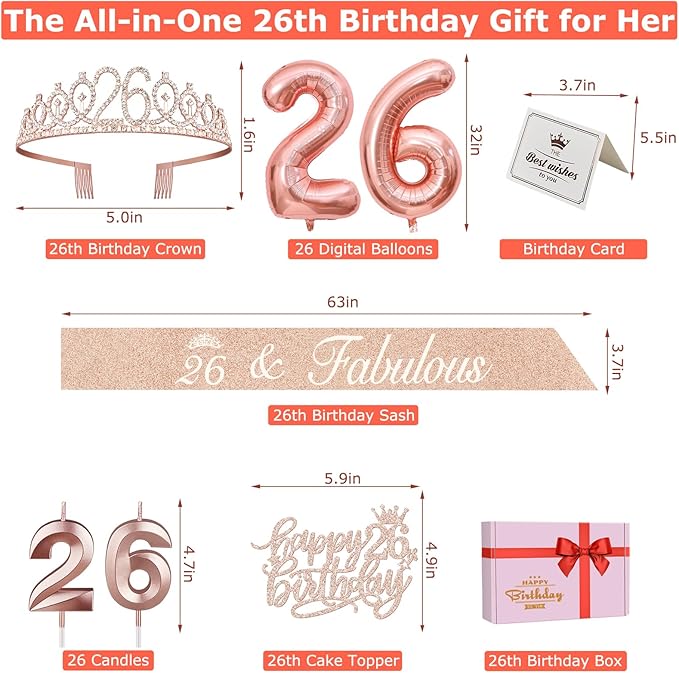 26th Birthday Decorations for Women, Including 26th Birthday Sash and Tiara, Cake Topper and Candles, Number Balloons, 26 Year Old Gifts for Women