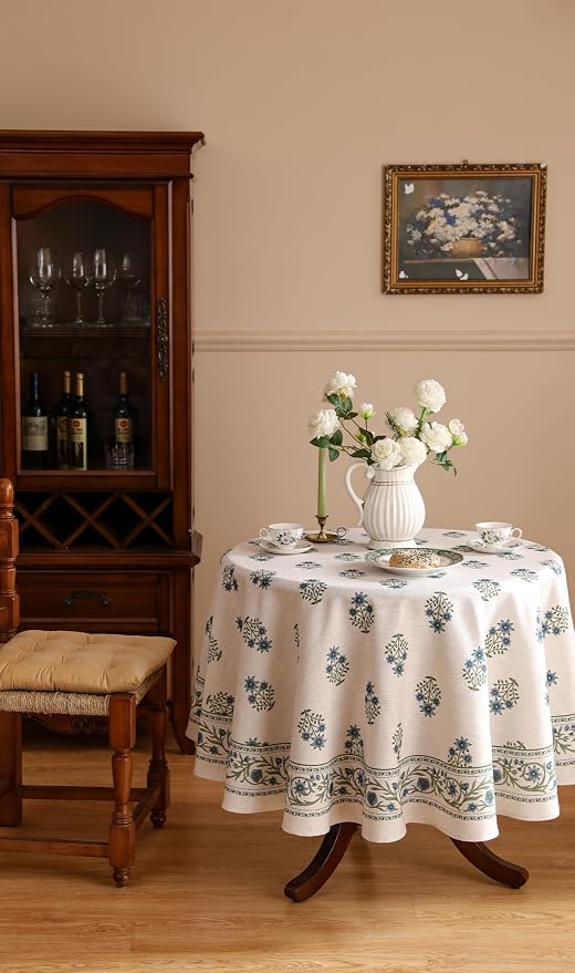 ISAENNE Designer French Linen Round Tablecloth,Diameter 55"-Mosella F | Vintage Elegant Table Cloth for Round Table,Floral Pattern,Durable,Heavyweight,Dining Room,Kitchen,Thanksgiving,Decor