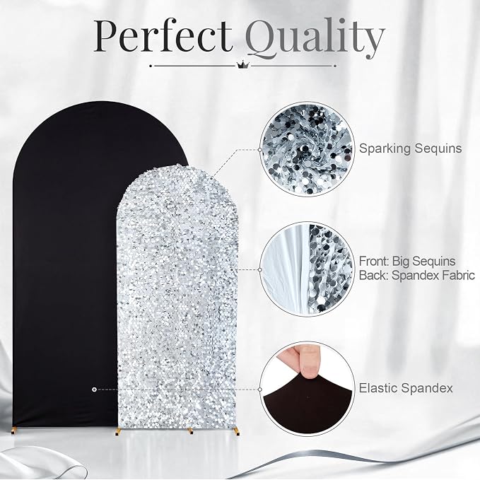 Black and Silver Arch Covers 7.2 and 6FT Sequin Arch Backdrop Cover Set of 2, Spandex Fitted Bling Sequin Arch Stand Covers for Birthday Party Ceremony Baby Shower Banquet Decoration