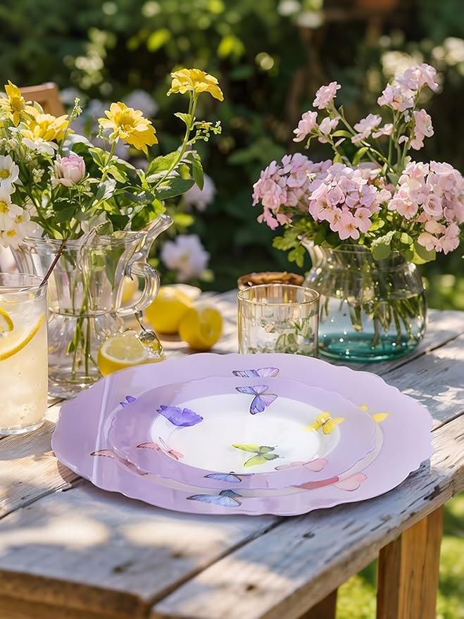 WDF 20PCS Purple Butterfly Plates - Baroque Spring Plates Disposable - Butterfly Party Decorations for Birthdays/Tea Party/Bridal Shower/Mother's Day