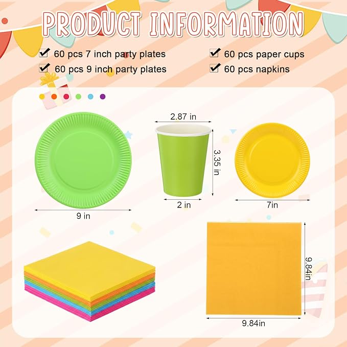 Geosar 240 Pieces Rainbow Party Tableware 60 Set Colorful Paper Plates and Napkins 9oz Paper Cups Complete Pack Disposable Dinnerware Set for Rainbow Birthday Party Decorations Supplies (Rich Color)
