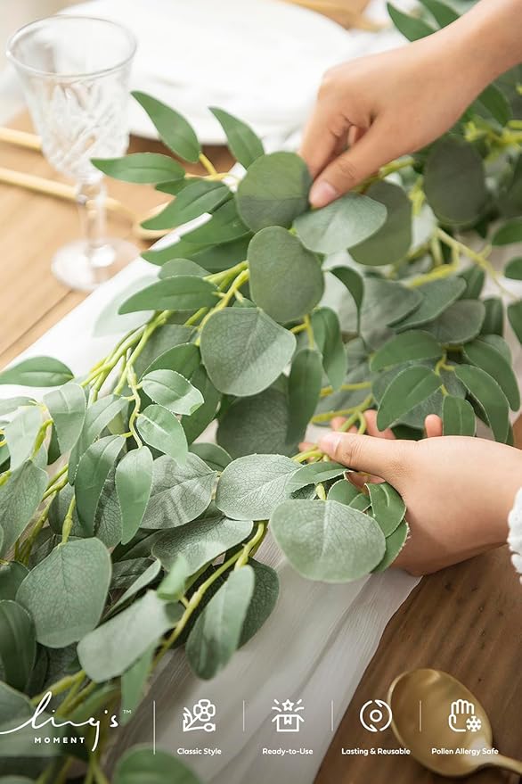 Ling's Moment Eucalyptus Garland for Table, 5.9ft Sage Fake Eucalyptus Wreaths with Willow, 2pcs Real Touch Leaf Garland for Wedding Centerpieces Arch Rehearsal Dinner Bridal Shower