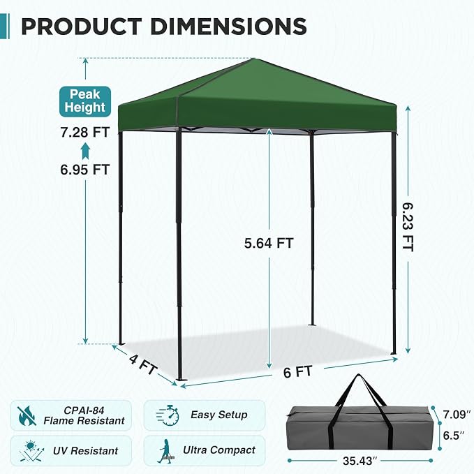EAGLE PEAK 6x4 Instant Pop Up Canopy Tent, Straight Leg Sun Shelter, Portable Canopy with Carry Bag for Camping, Beach & Sports, Green