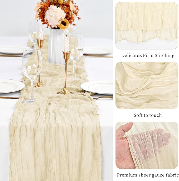 30 Pack Ivory Table Runner 10Ft Cheesecloth Table Runner Boho Gauze Table Runners Romantic Long Sheer Fabric Cream Table Runners for Wedding Party Bridal Shower