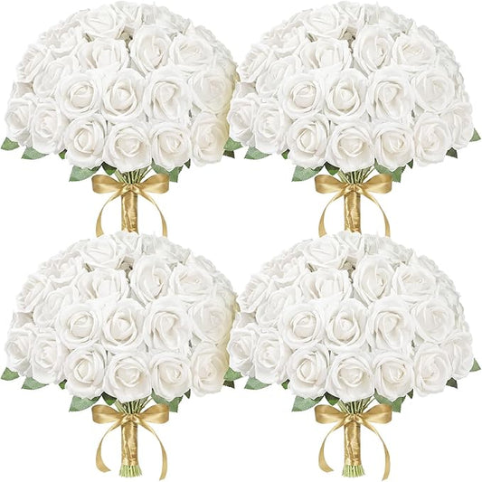 Lifewit 100 Pcs White Artificial Roses Flowers in Bulk, Fake Long Stem Silk Roses for DIY Wedding Bouquets, Centerpieces Arrangements, Valentine Decorations