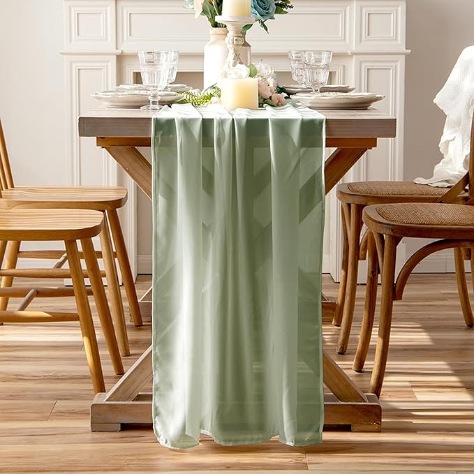Sage Green Sheer Chiffon Table Runner 35x120 Inches 12 Pack Bulk for Outdoor Wedding Bridal Shower Graduation Party Table Decor