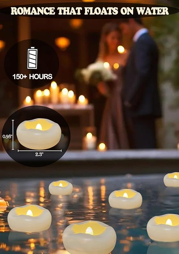 Floating Candles, Water-Activated 2.3" Flameless LED Candle 150+ Hours Waterproof Plastic White Battery Operated Candle for Centerpieces, Cylinder Vases Table Decorations Wedding Pool Party 12 Packs