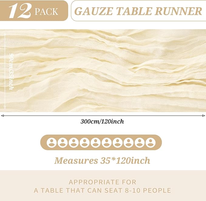 12 Pack Cheesecloth Table Runner 35 x 120 inch Long Boho Cheese Cloth Gauze Table Runners Cream Semi Sheer Table Runner for Wedding Decor, Bridal Shower, Birthday Party (Ivory)