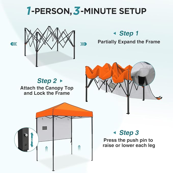 EAGLE PEAK 6x4 Instant Pop Up Canopy Tent with 1 Half Wall Panel, Straight Leg Sun Shelter, Portable Canopy with Carry Bag for Camping, Beach & Sports, Orange