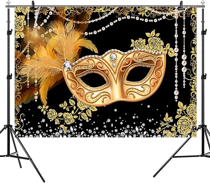 8x6ft Masquerade Backdrop Black Gold Masquerade Ball Decoration Mardi Gras Carnival Party Photography Background Birthday Banner Dress-up Prom Cake Smash Photo Booth Prop