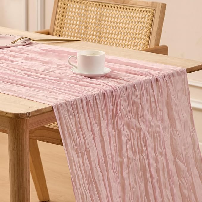 3 Pack Blush Pink Spring Table Runner Boho Cheesecloth Table Runners Bulk 10 ft Gauze Sheer Mother's Day Table Centerpieces for Wedding Ceremony Anniversary Bridal Baby Shower Banquet