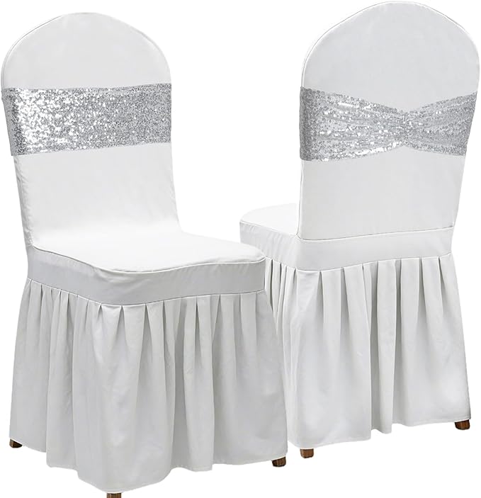 Poise3EHome Silver Sequin Chair Sashes, Double Sided Glitter Folding Chair Covers Bow for Party Wedding Banquet Reception Decorations, 50 PCS