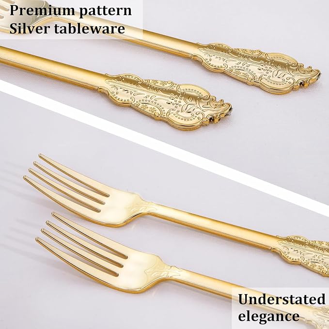 WDF 100 Piece Gold Forks Disposable - 7.48 Inch Gold Plastic Forks - Baroque Plastic Silverware for Dessert Cake - Heavy Duty for Party Wedding Daily Using Baby Shower Spring