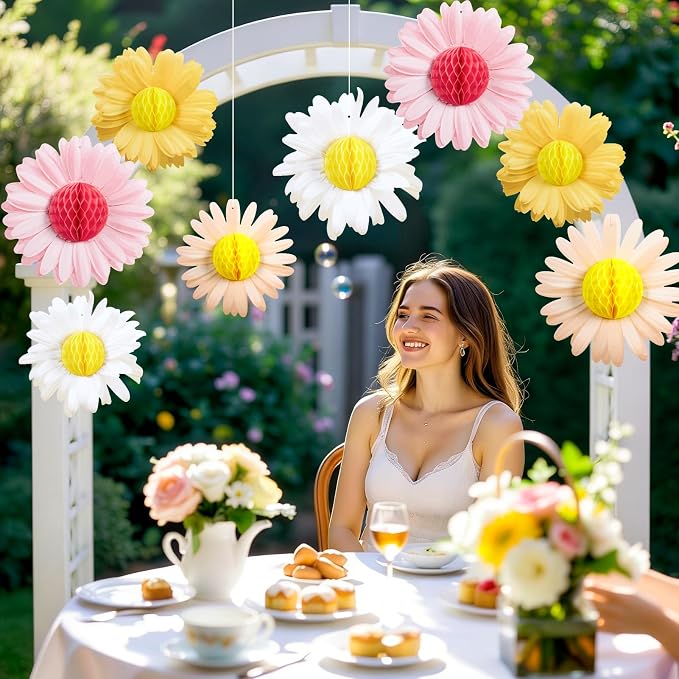 SUNBEAUTY Daisy Flower Hanging Decoration 9Pcs Pink and Yellow Daisy Honeycomb Paper Flower Decorations for Spring Summer Wall Birthday Wedding Classroom Backdrop Garden Tea Party Decor