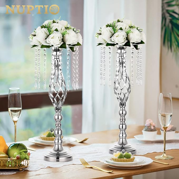 Nuptio 2 Pcs Silver Wedding Centerpieces Flower Stand, 21.7in/55cm Height Wedding Road Lead Flower Vases, Crystal Artificial Flower Arrangements for Wedding Party Birthday Event Reception Home Decor