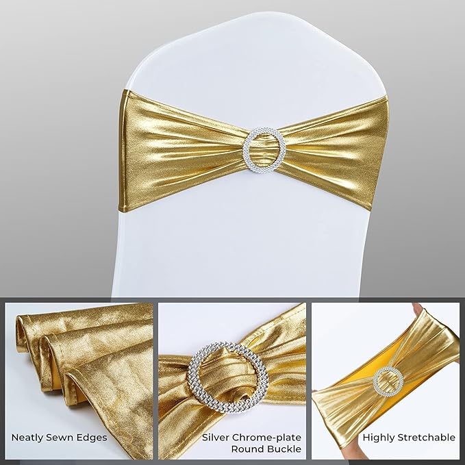 Spandex Chair Sashes Bows - Babenest 30PCS Premium Stretch Chair Cover Band with Buckle Slider Universal Elastic Chair Ties for Wedding Party Ceremony Reception Banquet Decoration (Metallic Gold)