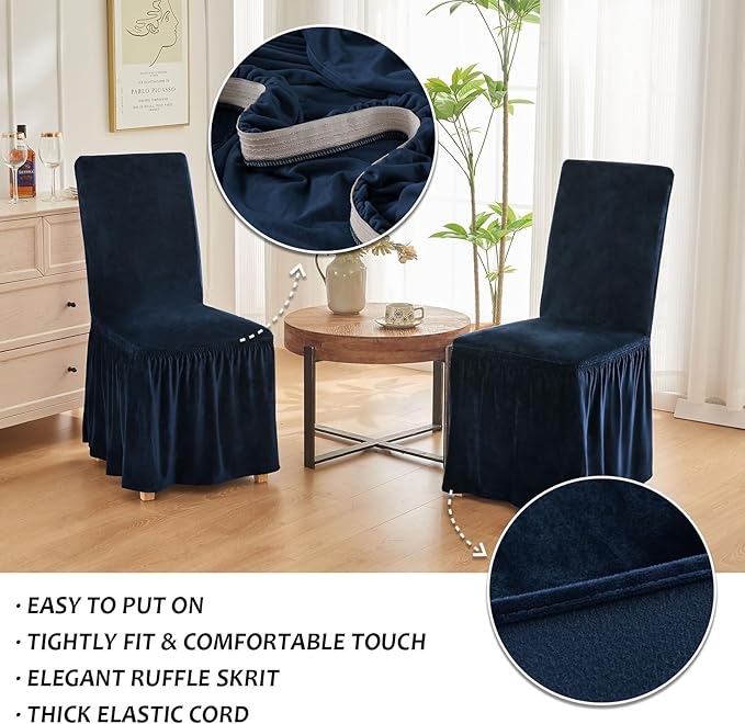NICEEC Spandex Chair Covers for Dining Chairs Covers Set of 2 Removable Dining Room Chair Covers with Skirt Parson Chair Slipcovers Washable Chair Protector for Kitchen Wedding Party(Navy Blue)