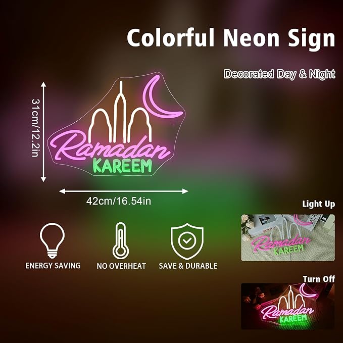 Ramadan Kareem Neon Sign Islamic Led Neon Lights Ramadan Festival Window For Wall Decor Dimmable Light Up Sign For Muslim Door Living Room Bedroom Home House Party Club Decoration Gifts