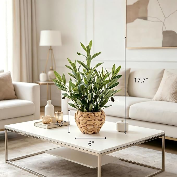 AlphaAcc 17.7" Artificial Olive Plant in Water Hyacinth Basket - Faux Olive Tree for Desk, Office & Mediterranean Decor