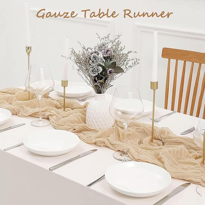 12 Pack Beige Cheesecloth Table Runner, 35x120 Inch Spring Gauze Cheese Cloth Table Runners 10 FT Beige Table Runner for Wedding Baby Shower Birthday Party Table Decors