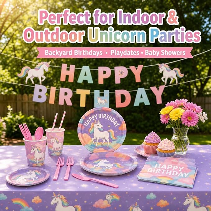 Unicorn Birthday Party Supplies, 146 PCS Rainbow Party Decorations Tableware Kit Serves 24 Guests with Plates, Cups, Napkins, Banner, Cutlery, Tablecloth & Straws for Kids Girls Boys