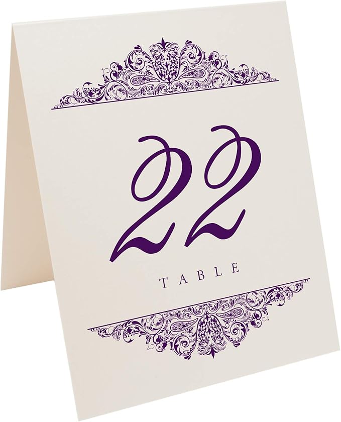 Paisley Wedding Table Numbers (Select Color/Quantity), Champagne, Eggplant, 1-65, Double Sided, Tent or Use in a Stand, Great for Parties & Restaurants - Made in the USA