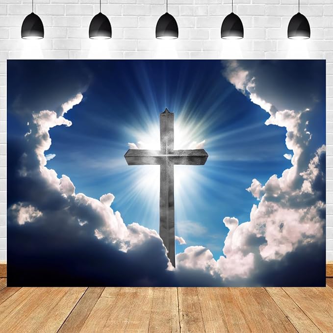 15x10ft Christian Cross Backdrop Heaven Sky White Clouds Photography Background Holy Crucifix Lord Pray Religious Church Event Easter Banner Decorations Baby Shower Portrait Photo Booth Prop