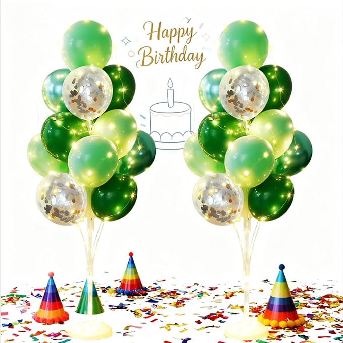 Balloon Stand for Floor with String Light 2 Set Green Centerpieces Balloon Holder Decoration for Wedding Baby Shower Birthday Party Surprise Nature Forest Theme Party