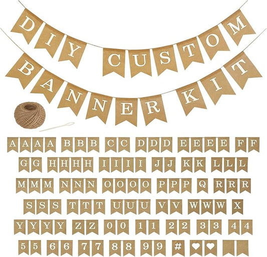 Pre-Printed Banner Kit – 97 BURLAP Flags with WHITE Letters, Numbers & Symbols, Reusable DIY Custom Banner, Make Your Own Personalized Party Banner, Faux Burlap, Includes Twine & 2 Needles