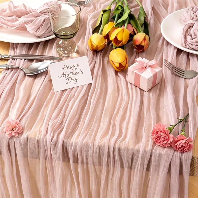 MLMC Pink Table Runner Boho Cheesecloth Table Runner 10ft Rustic Dusty Pink Gauze Cheese Cloth Centerpiece Decor 35x120 Inches for Mothers' Day Wedding Bridal Shower Birthday Party