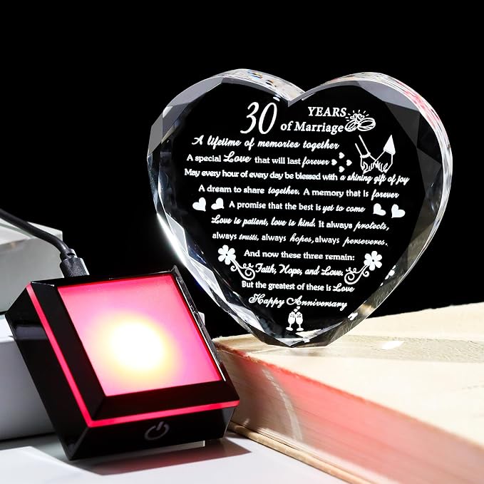 30th Wedding Anniversary Crystal Gifts for Couples Parents Romantic 30th Anniversary Heart Gifts for Her Him with Colorful LED Base 30 Years of Marriage Gift for Wife Husband