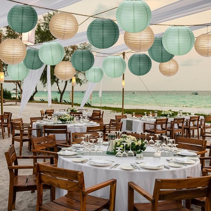 CC wonderland zone 12pcs Sage Green Gold Paper Lanterns,Hanging Paper Lanterns for Bridal Enchanted Forest Shower Rustic Neutral Boho Birthday Wedding Home Decor Party Decoration