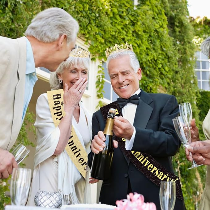 50th Anniversary Decorations Gold Crown and Glitter Sash Set 50th Wedding Anniversary Decorations Gifts for Couple Happy Anniversary Party Supplies for Couple